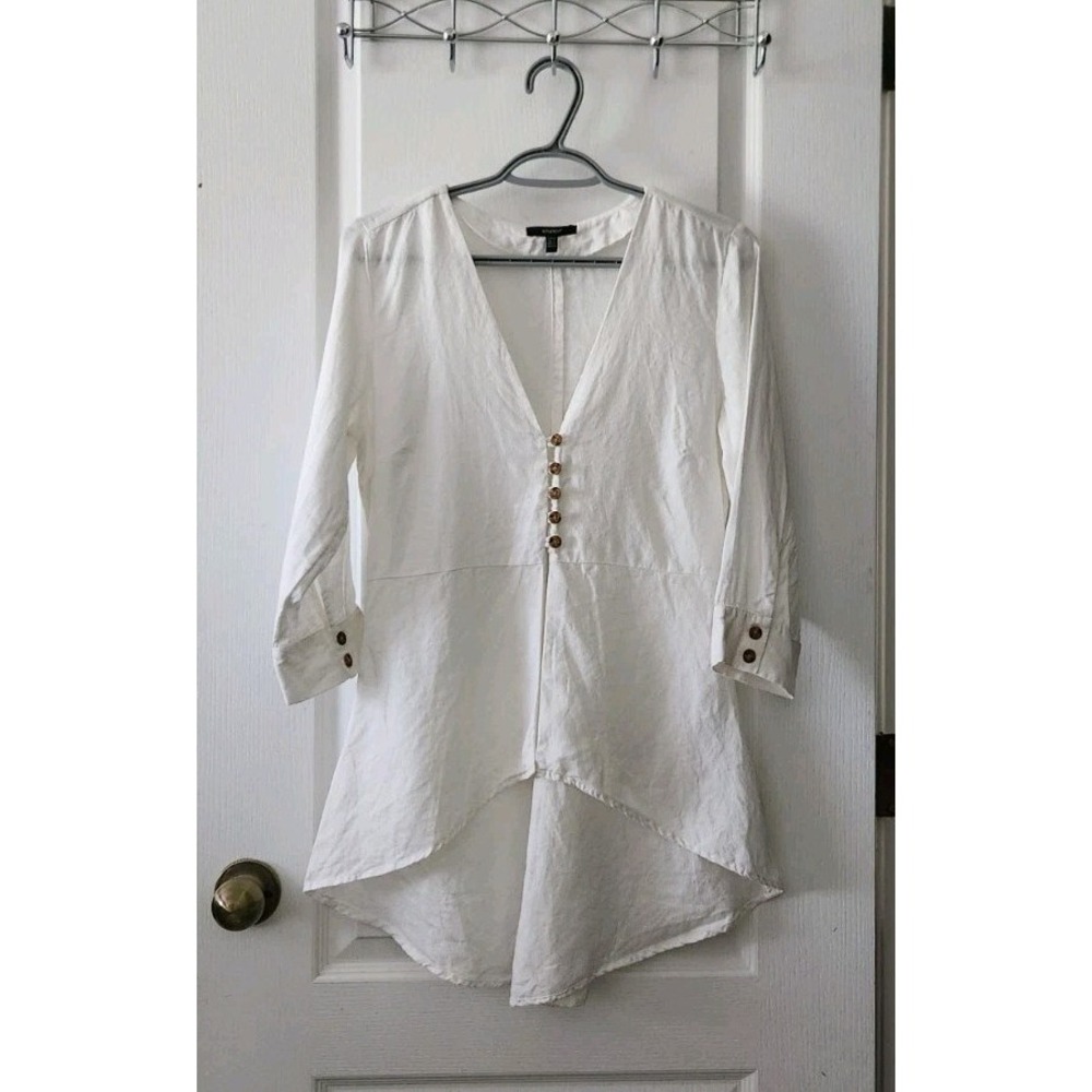 Studio F Women's Linen Tunic Hi Low Blouse V-Neck 3/4 Sleeve White Size XS‎